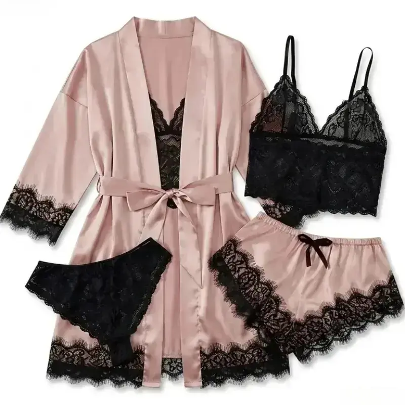 Home Textile - Women's 4-Piece Satin Pajama Sets -