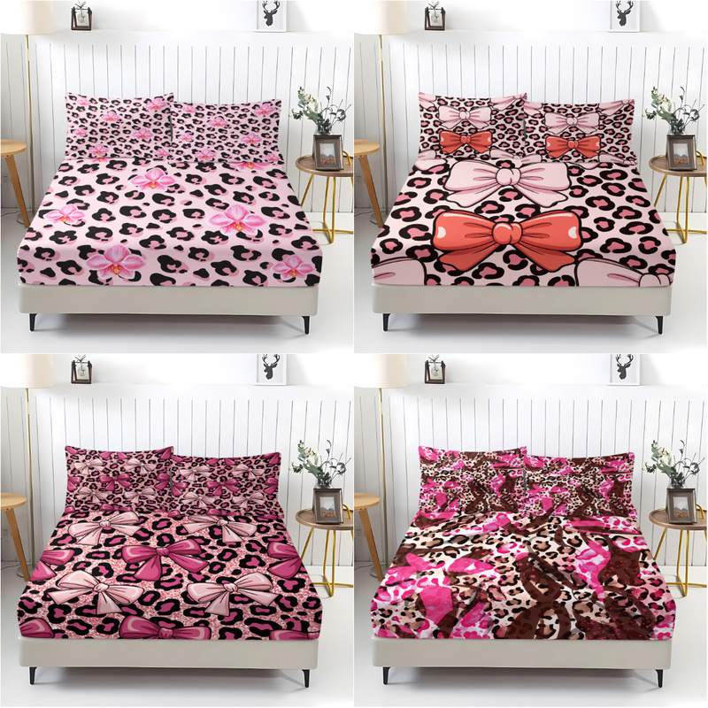 3pcs Pink Leopard Fitted Sheet - Bed Sheet Microfiber 评论和价格
