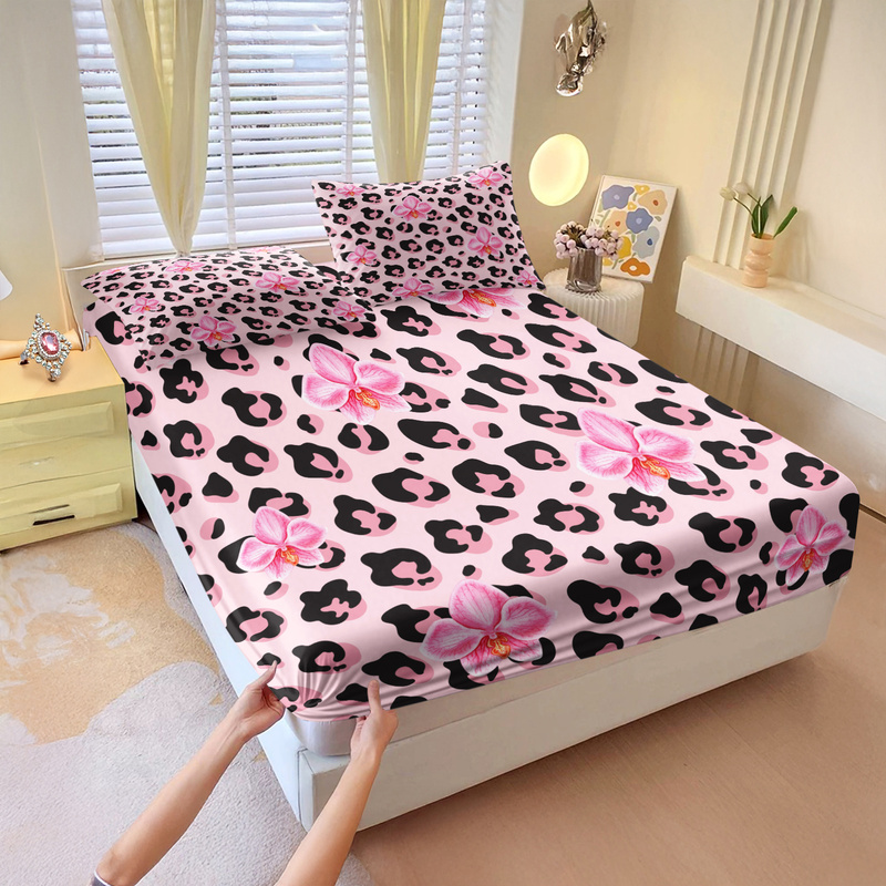 3pcs Pink Leopard Fitted Sheet - Bed Sheet Microfiber 评论和价格