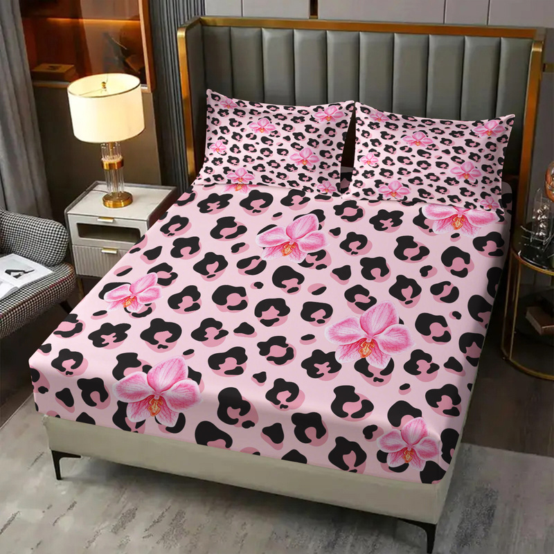 3pcs Pink Leopard Fitted Sheet - Bed Sheet Microfiber 评论和价格
