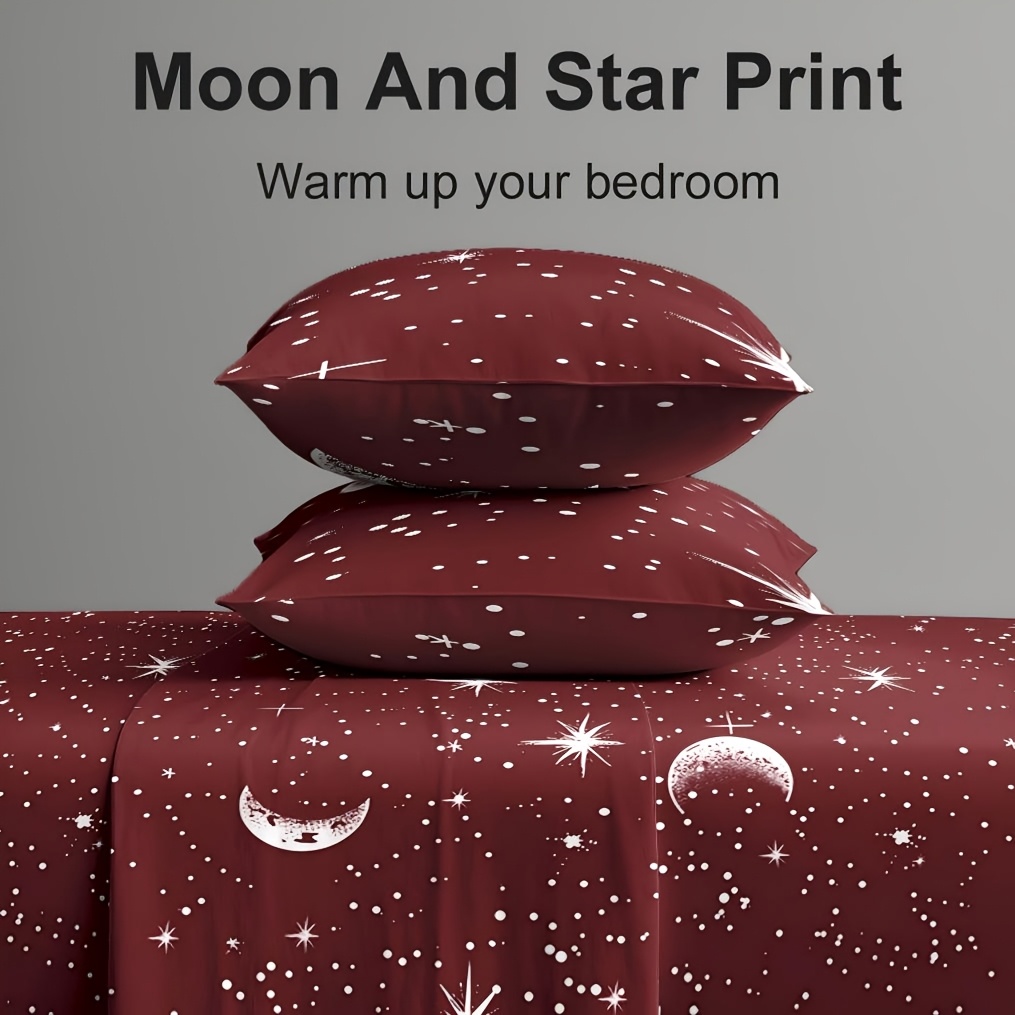 4Pcs Red Moon And Star Print M - Bed Sheet Microfiber 评论和价格